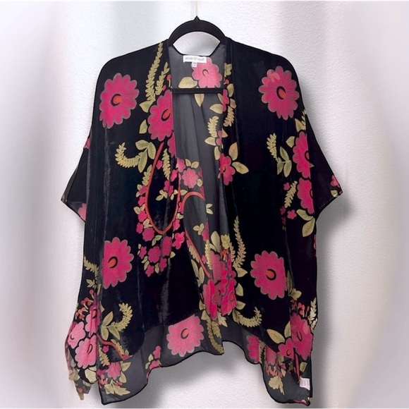 Woven Heart Tops - WOVEN HEART Velvet Burnout Black and pink floral Kimono Top Robe Boho